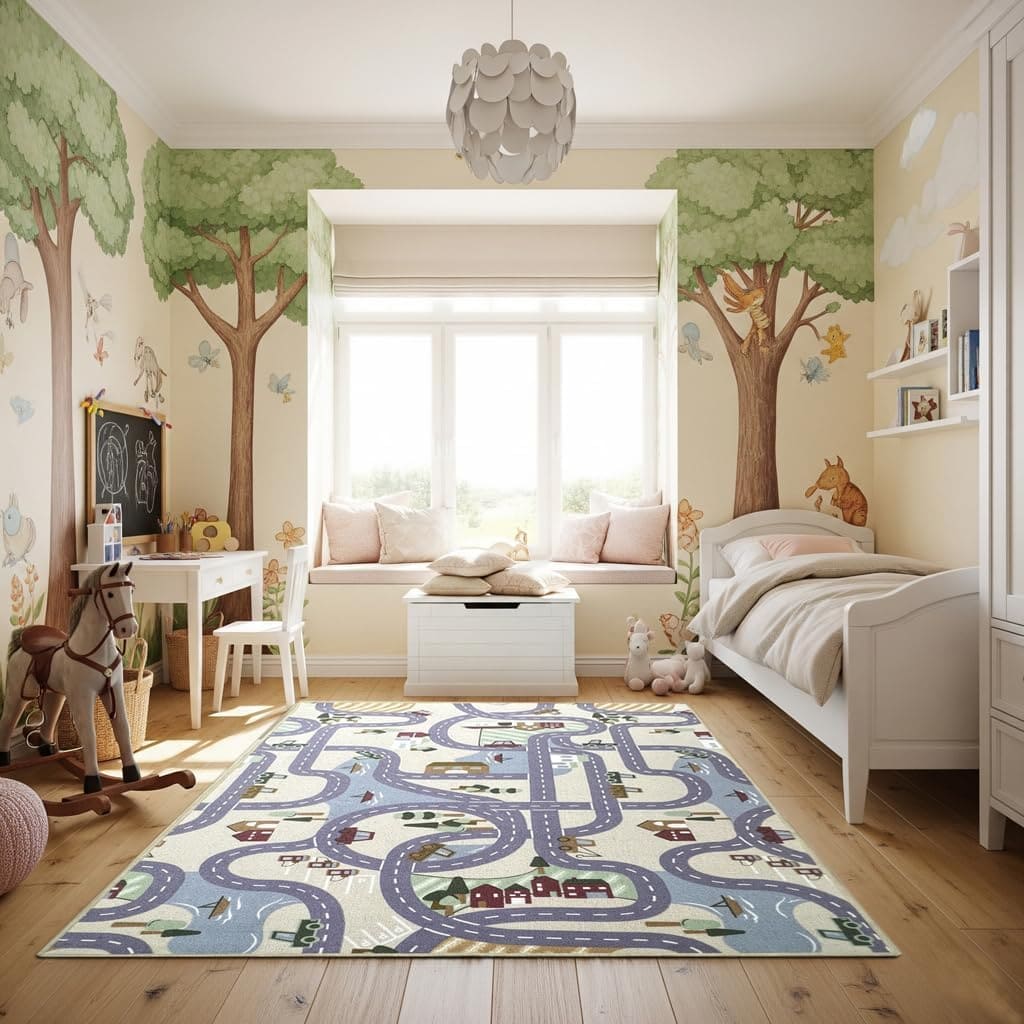 Alfombra para dormitorio infantil. Con dibujo de carretera de coches. TADI & IMPERIO