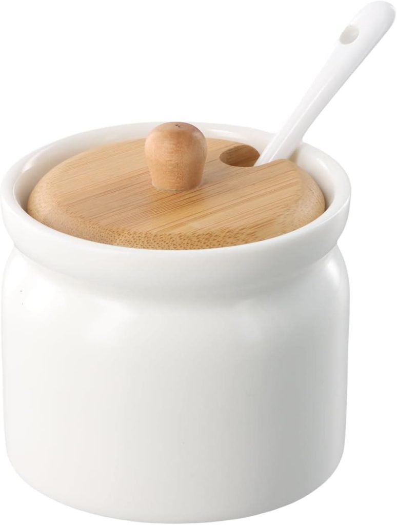 Azucarero de porcelana con tapa de madera