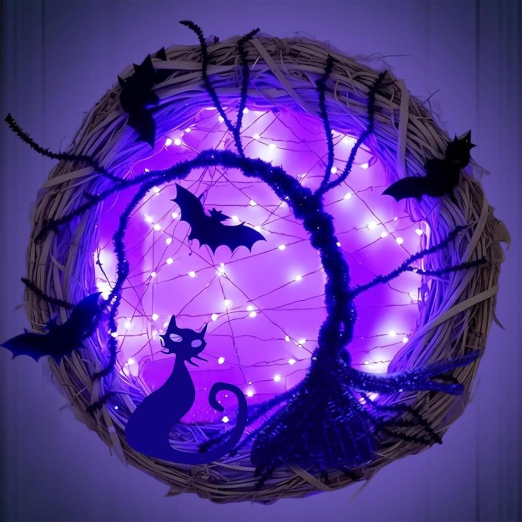 Corona de murciélagos con luces LED para la puerta