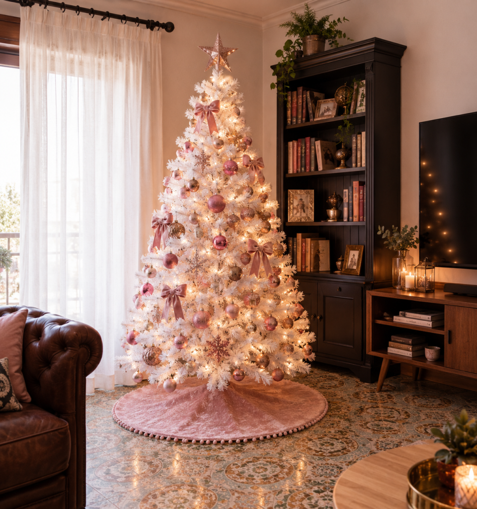 Árbol de Navidad blanco con adornos rosas
